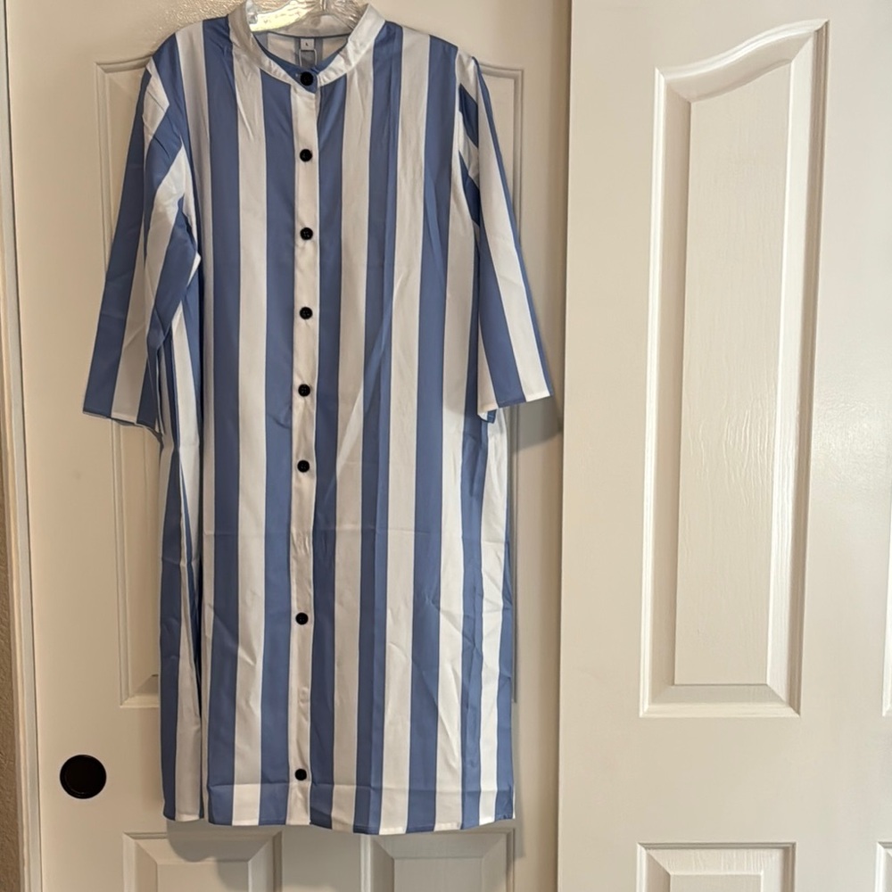 Blue and White Striped Button-Up Dress